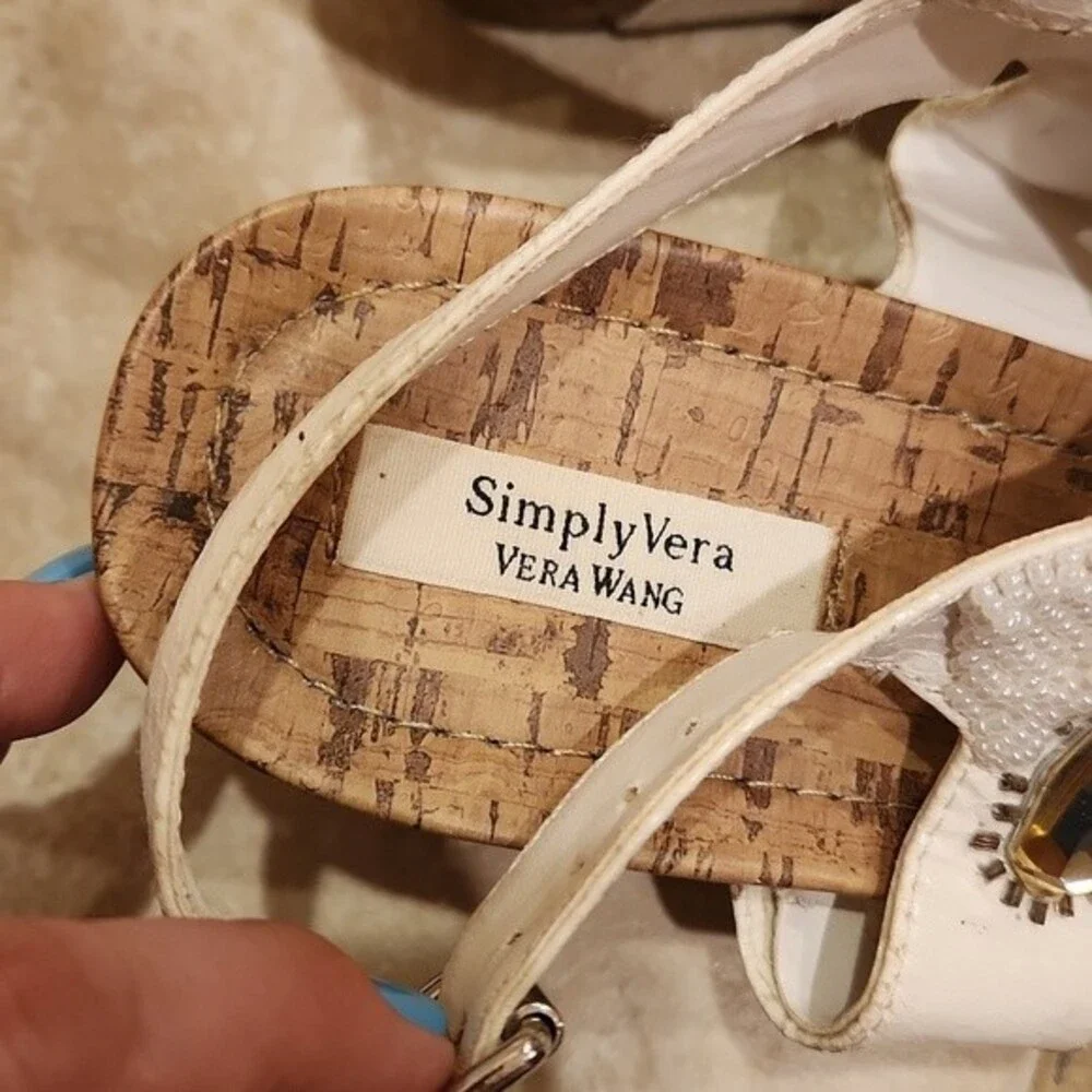 Simply Vera Vera Wang Brown Wedge Sandals w/ Bejeweled White Straps Size 10